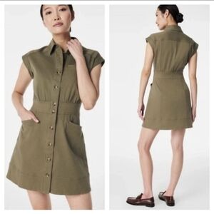 Spanx Button Front Stretch Twill Utility Dress Army Green Size 2X